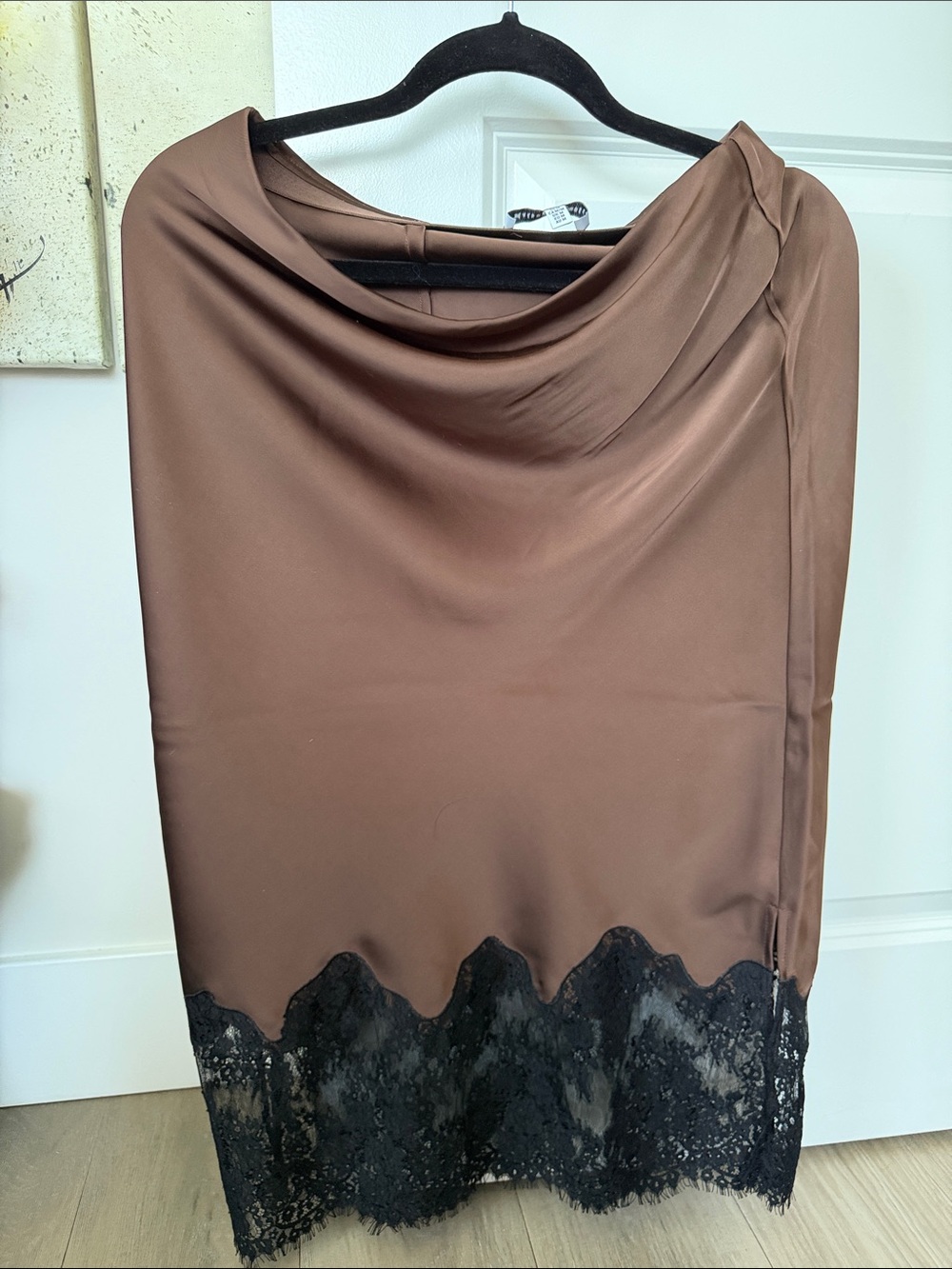 Brown Satin Slip Skirt with Black Lace Trim